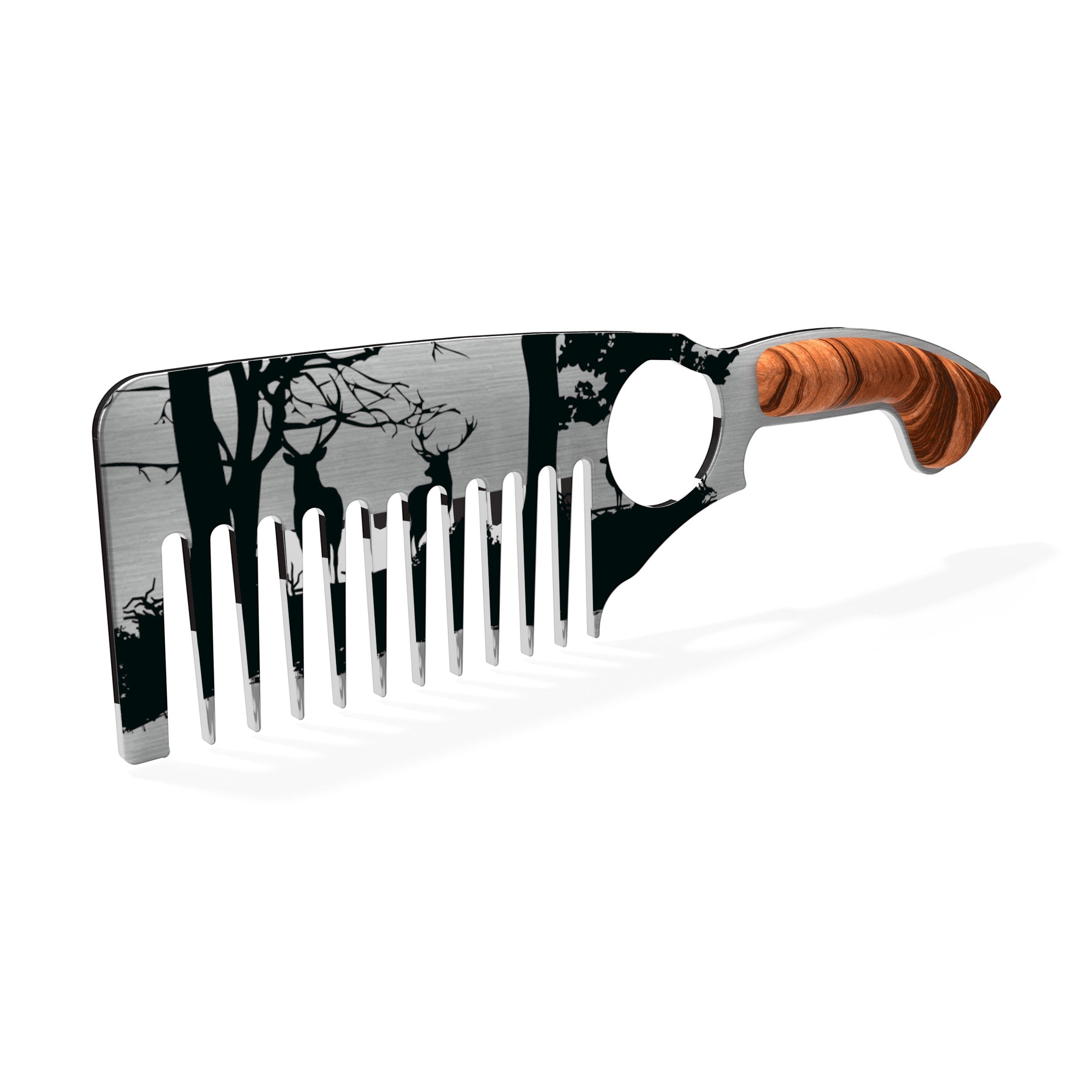 Wavy Beard Maven stainless steel beard comb with forest scene engraving and wooden handle.