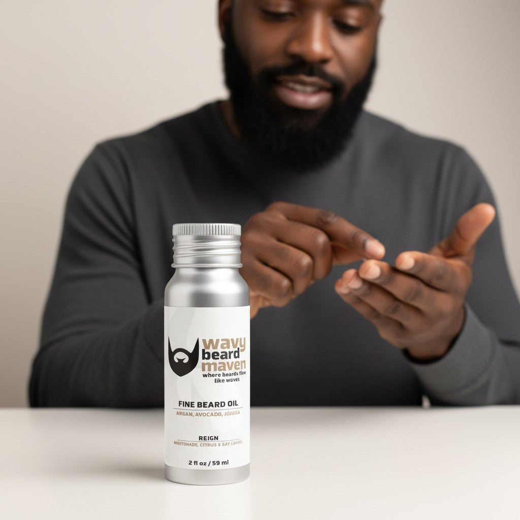 Wavy Beard Maven Reign fine beard oil in aluminum bottle with Argan, Avocado, Jojoba, Nightshade, Citrus & Bay Leaves scent.