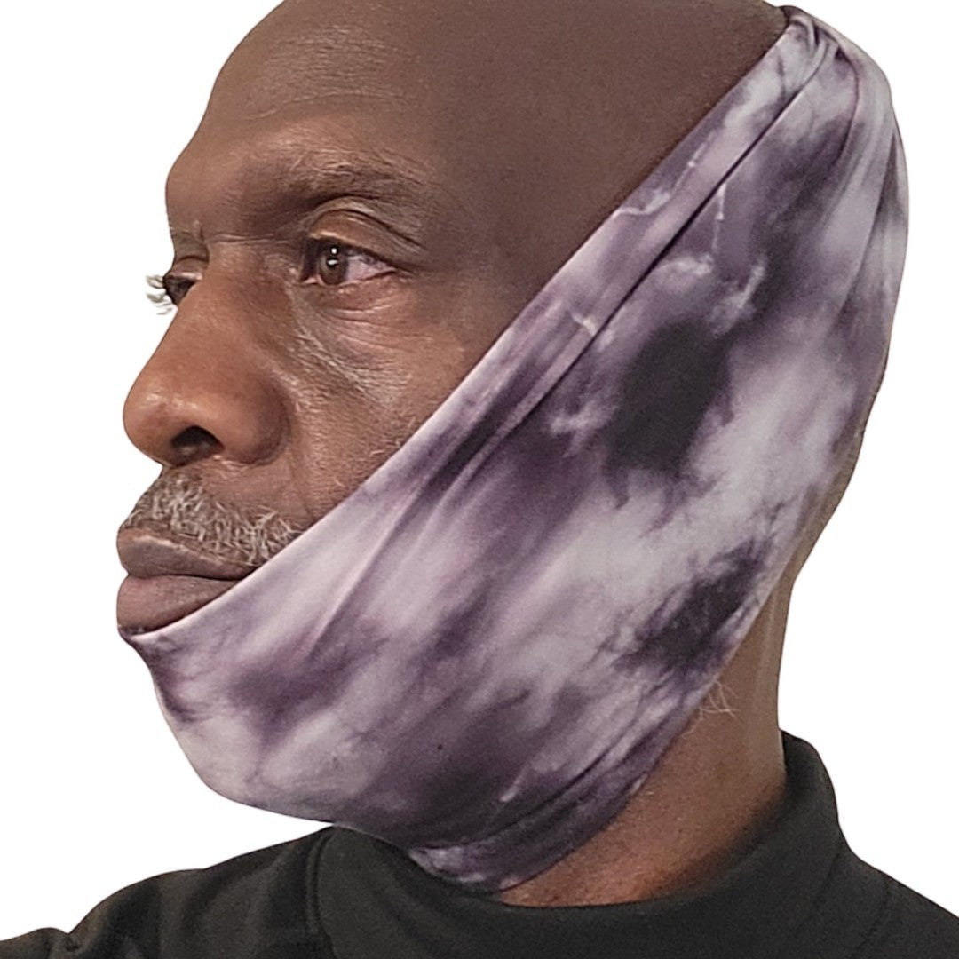 Wavy Beard Maven compression wrap in a grey and black tie-dye pattern, designed for textured beards.