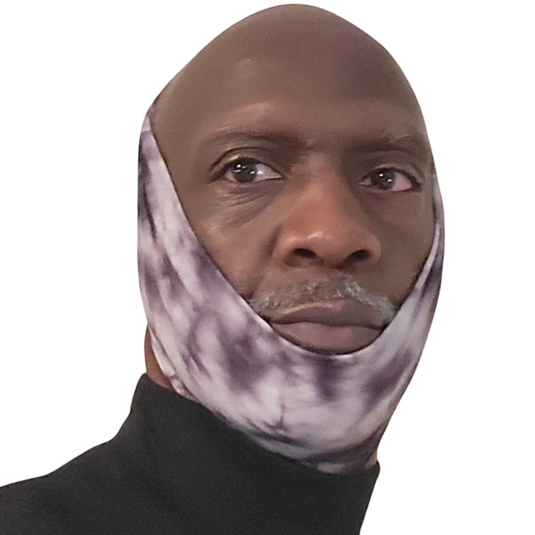 Wavy Beard Maven compression wrap in purple and white tie-dye pattern, designed for textured beards.