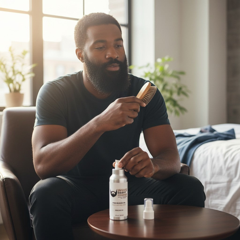Wavy Beard Maven unscented fine beard oil in a silver aluminum bottle with argan, avocado, and jojoba oils.