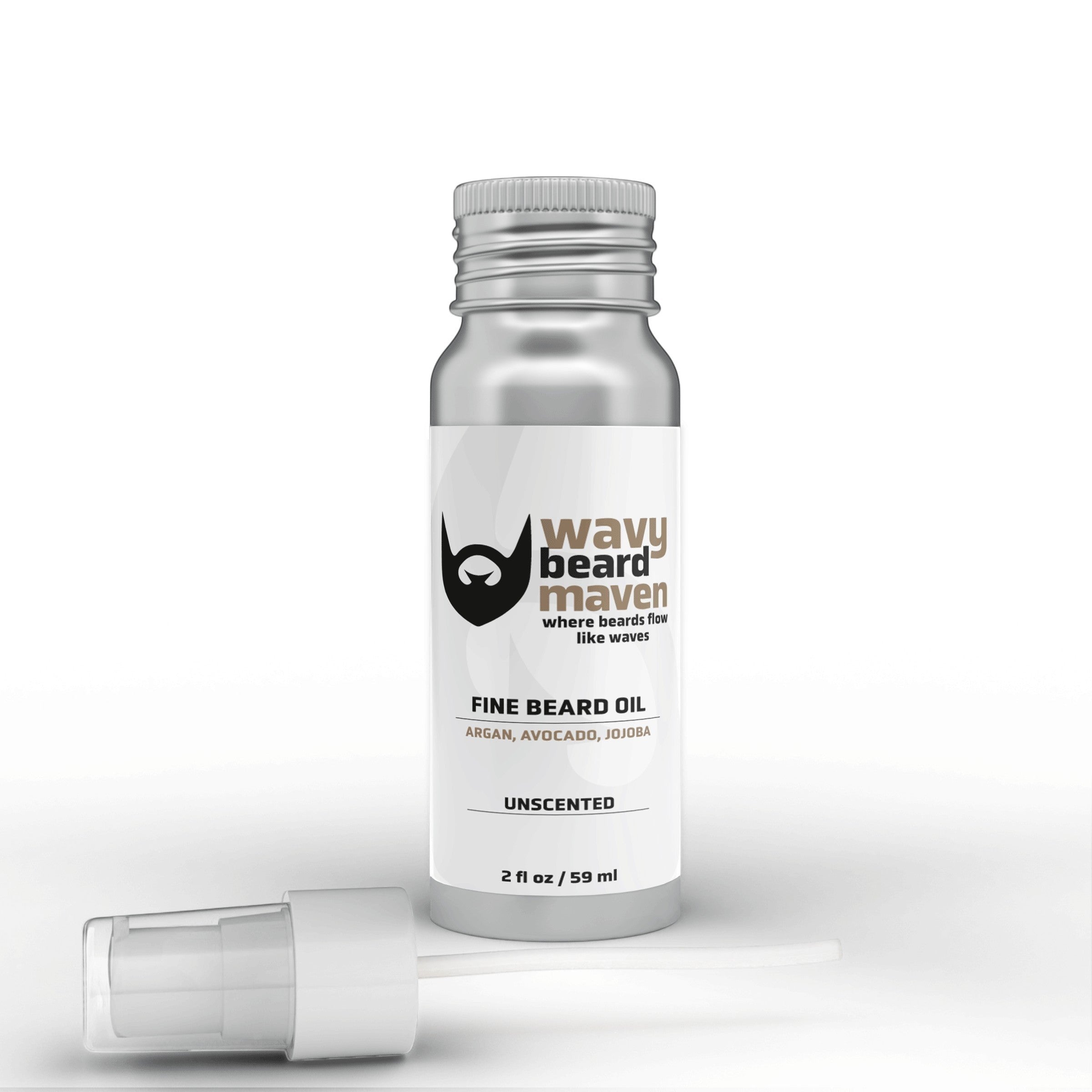 Wavy Beard Maven unscented fine beard oil in a silver aluminum bottle with argan, avocado, and jojoba oils.