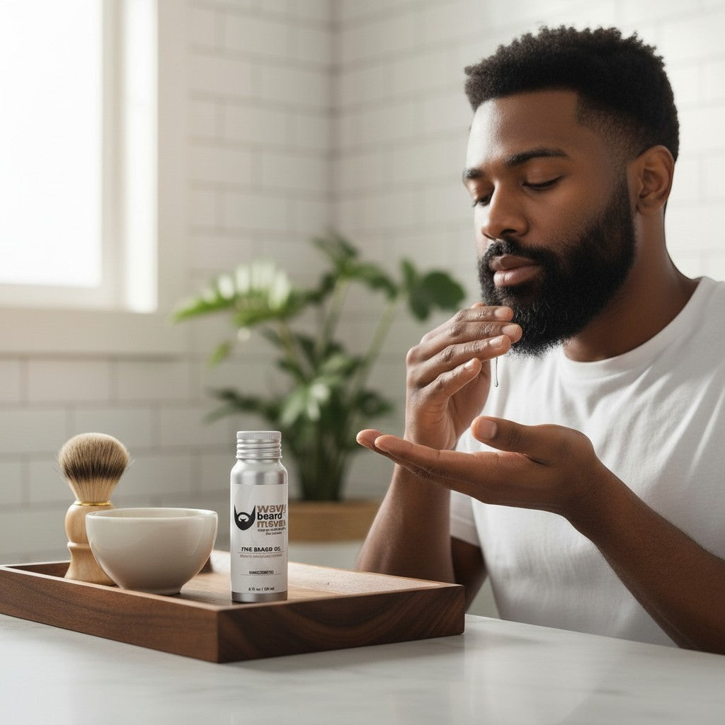 Wavy Beard Maven unscented beard oil in aluminum bottle, for healthy, slick, and stylish facial hair. Natural ingredients.