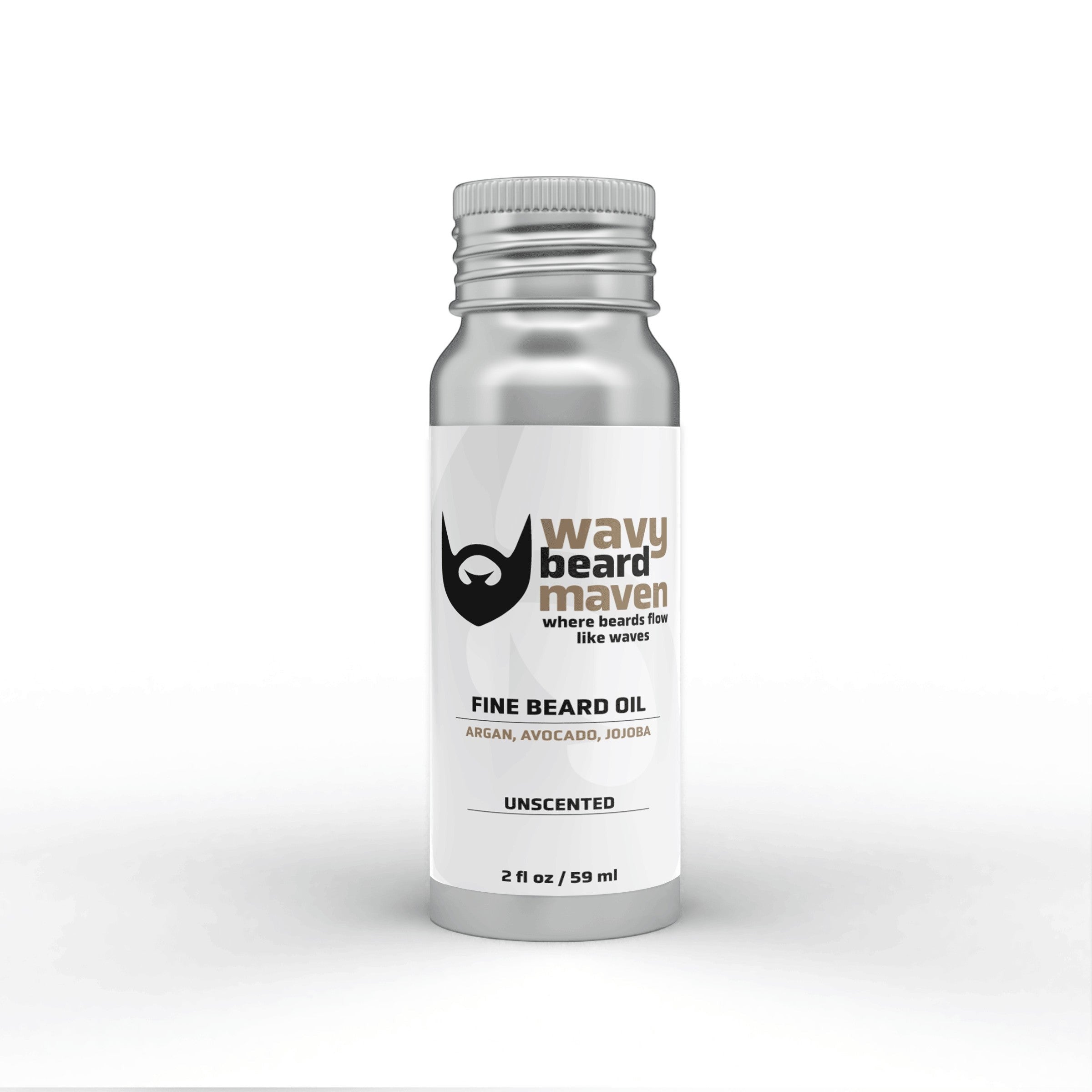 Wavy Beard Maven unscented fine beard oil in aluminum bottle with argan, avocado, and jojoba oils.