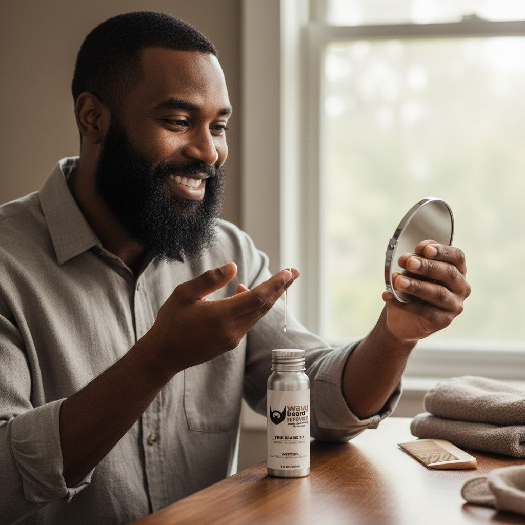 Wavy Beard Maven Westerly Essential Beard Oil in aluminum bottle with woodsy, spicy scent. 2 fl oz.
