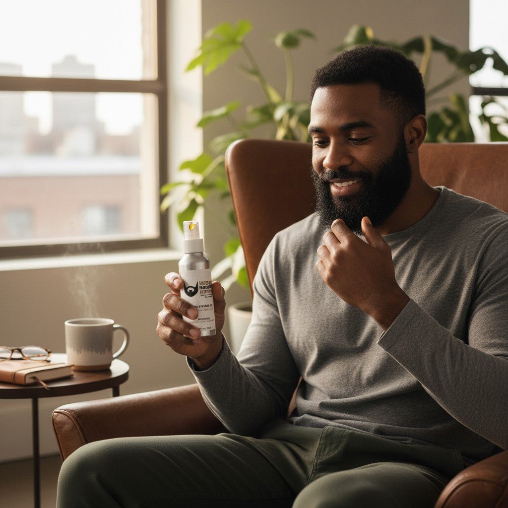Wavy Beard Maven Westerly Essential Beard Oil in aluminum bottle with pump dispenser. Woodsy scent.